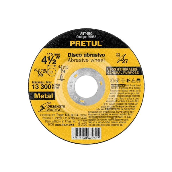 DISCO TIPO 27 DE 4-1/2¨ x 6.2mm DESBASTE DE METAL